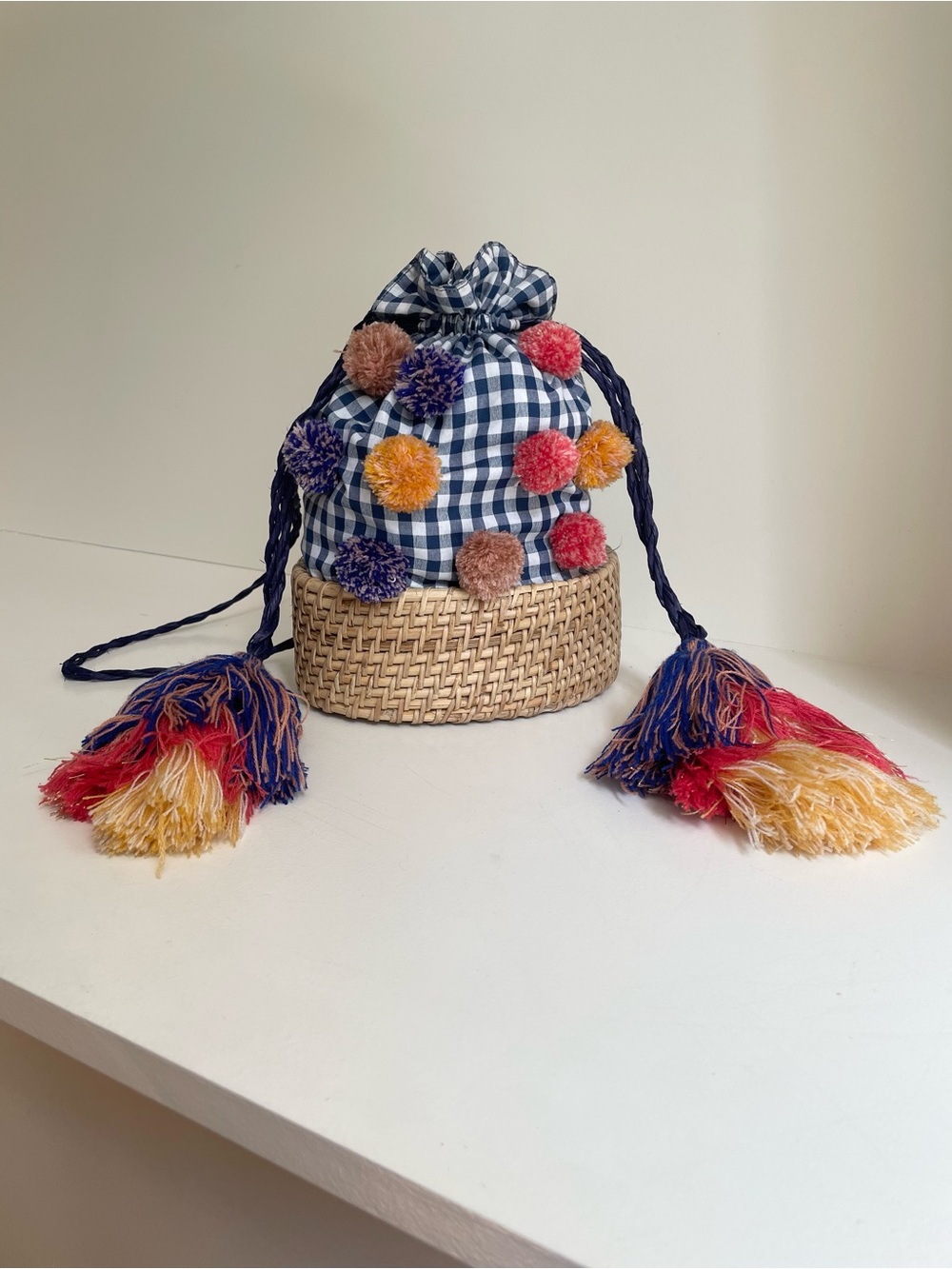 🎭 Cleobella Eloise Navy Gingham Pom-Pom Drawstring Bucket Basket Bag